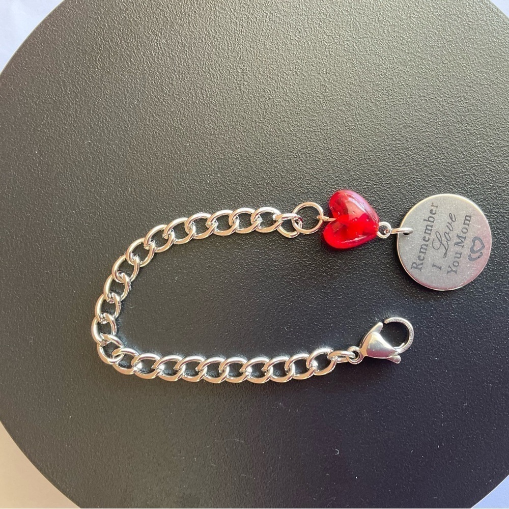 Hand Crafted Cup Handle Charm with Mom Charm and Heart Bead Red Silver - Picture 3 of 11